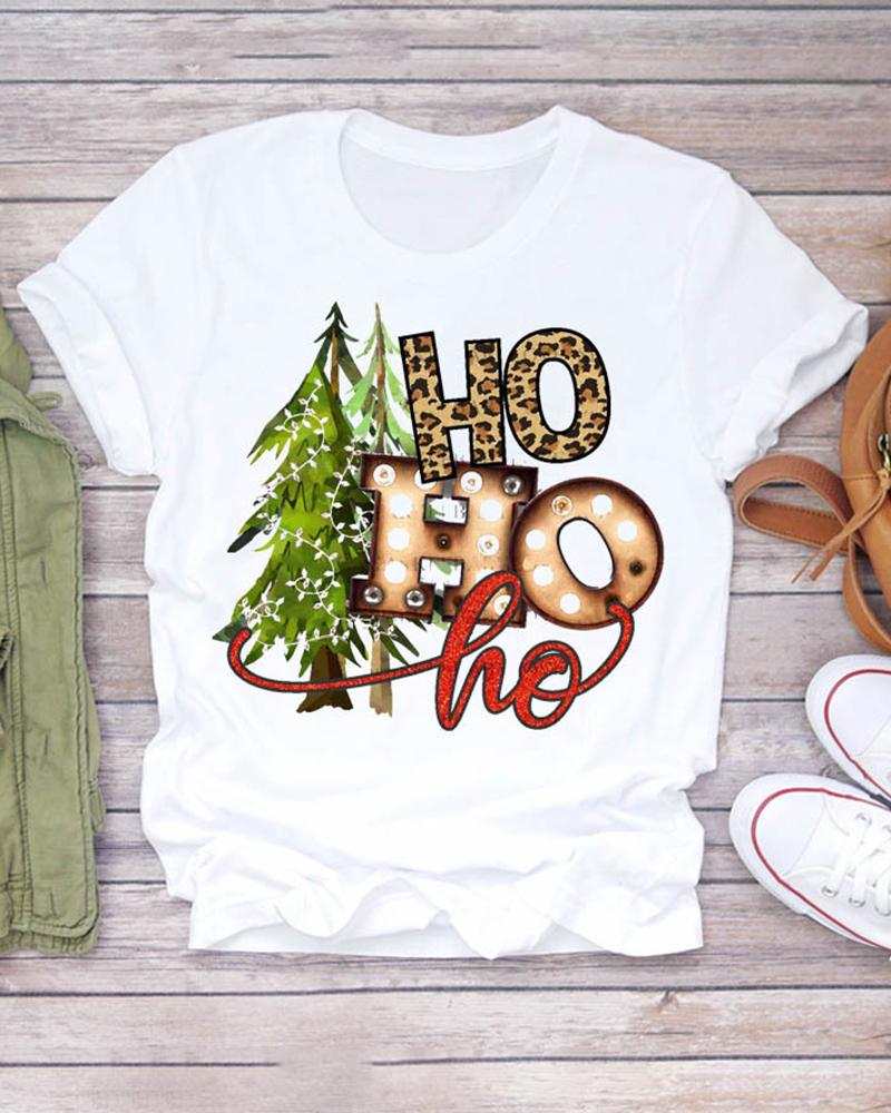 

Christmas Short Sleeve Tree Letter Plaid Cheetah Pattern Print Short Sleeve Top, Style2