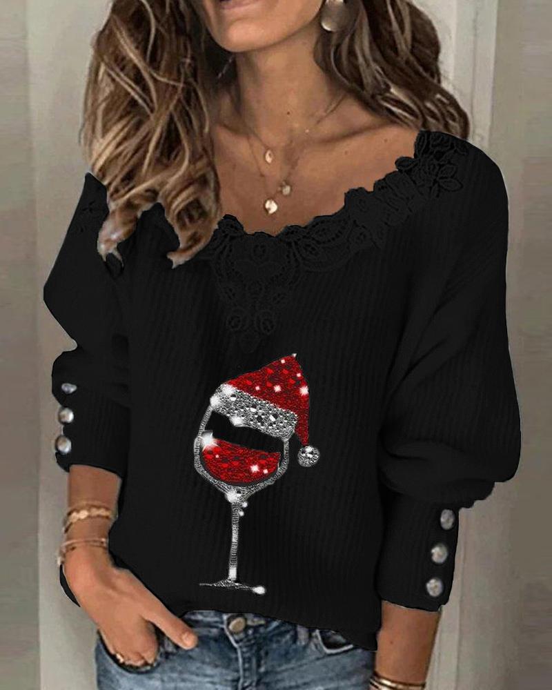 

Christmas Wine Glass Print Lace Patch Long Sleeve Top, Black