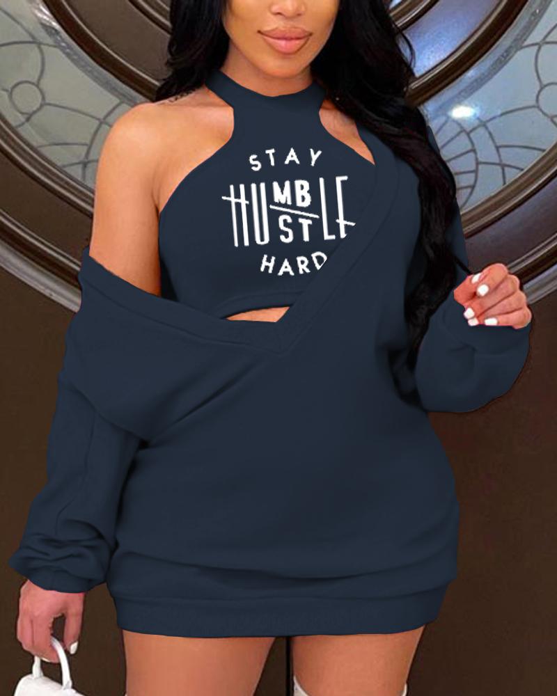 

Letter Print Sweatshirt Dress With Crop Tank Top, Purplish blue