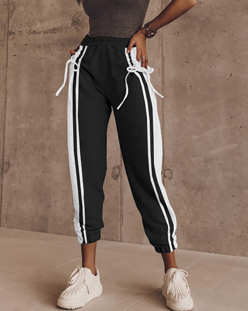 

Striped Colorblock Drawstring Casual Pants, Black