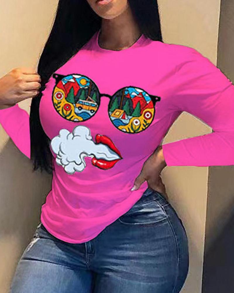 

Plus Size Graphic Figure Print Long Sleeve Top, Hot pink