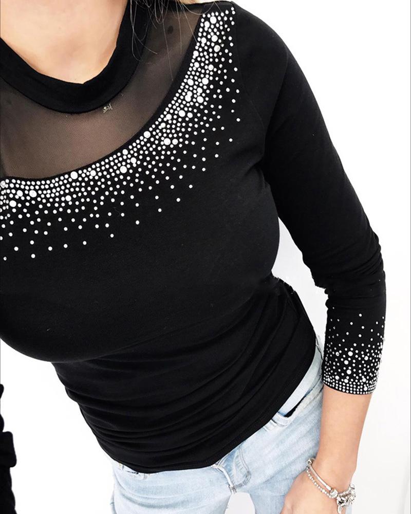 

Mesh Insert Rhinestone Long Sleeve Top, Black