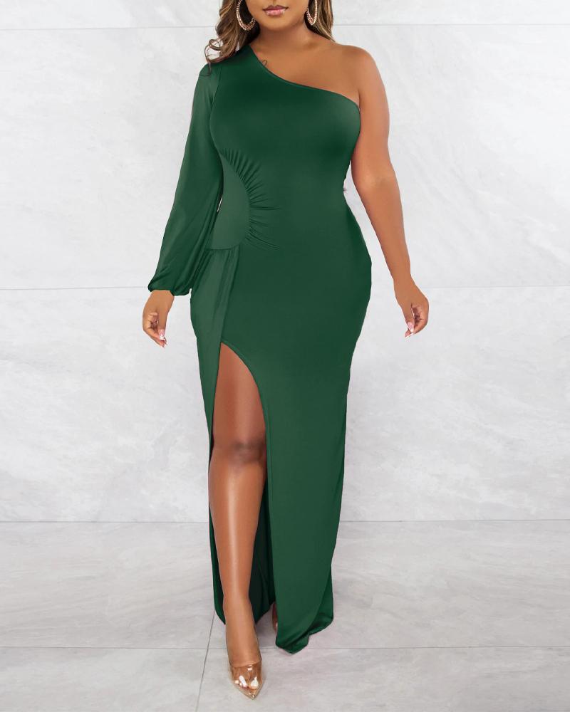 

One Shoulder Ruched High Slit Party Dress, Green