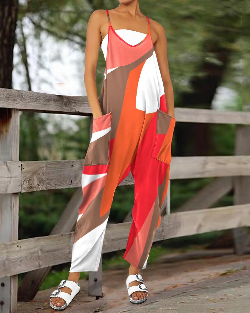 

All Over Print Pocket Design Cami Jumpsuit, Multicolor