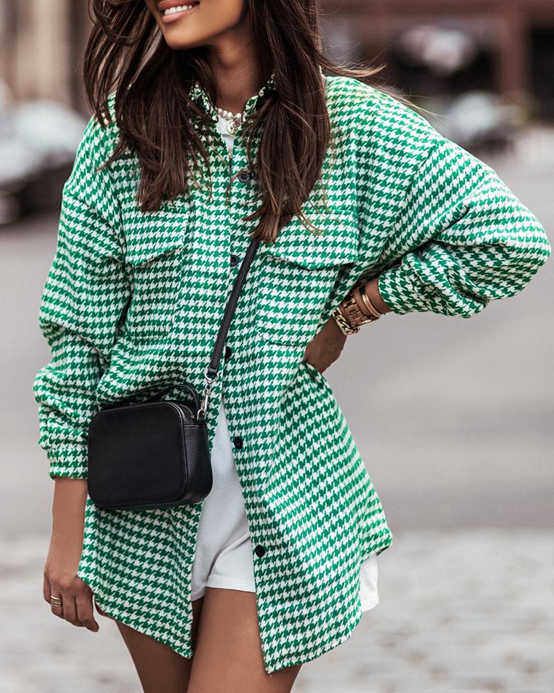 

Houndstooth Print Pocket Design Button Front Shacket, Green