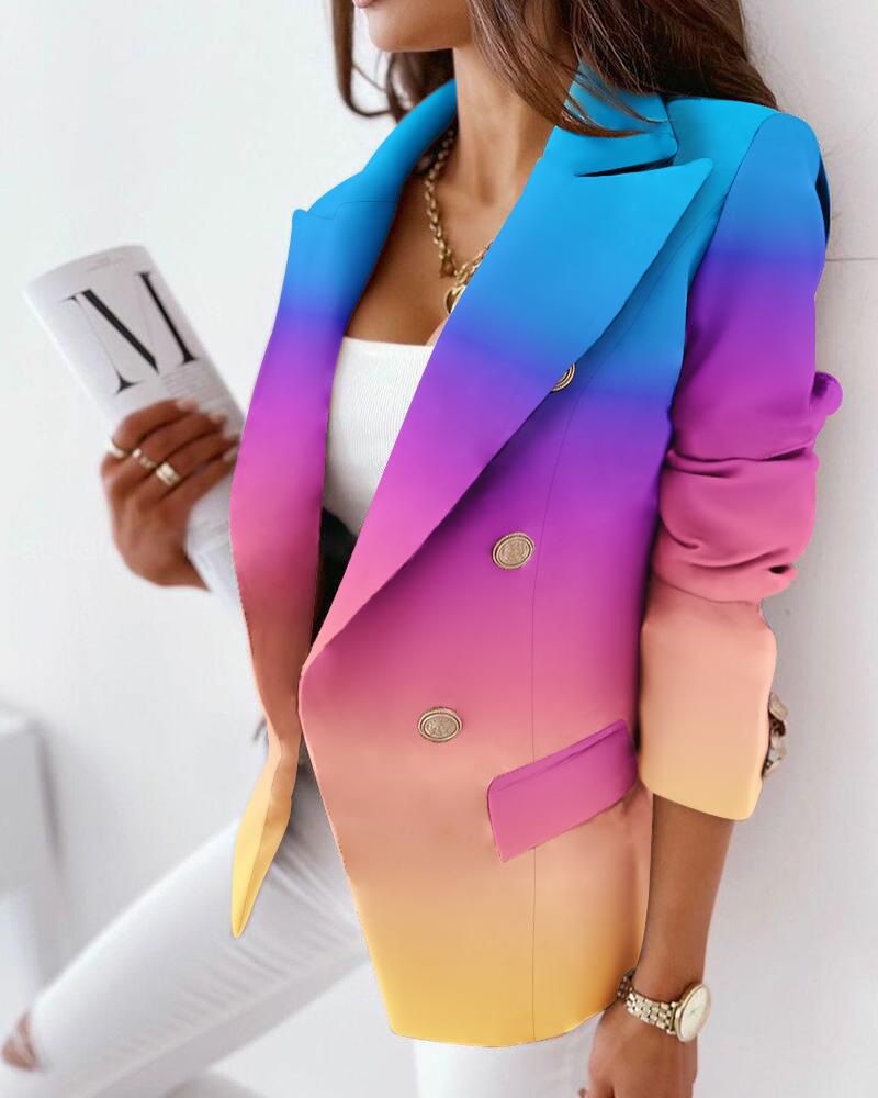 

Ombre Lapel Collar Flap Detail Double Breasted Blazer, Multicolor
