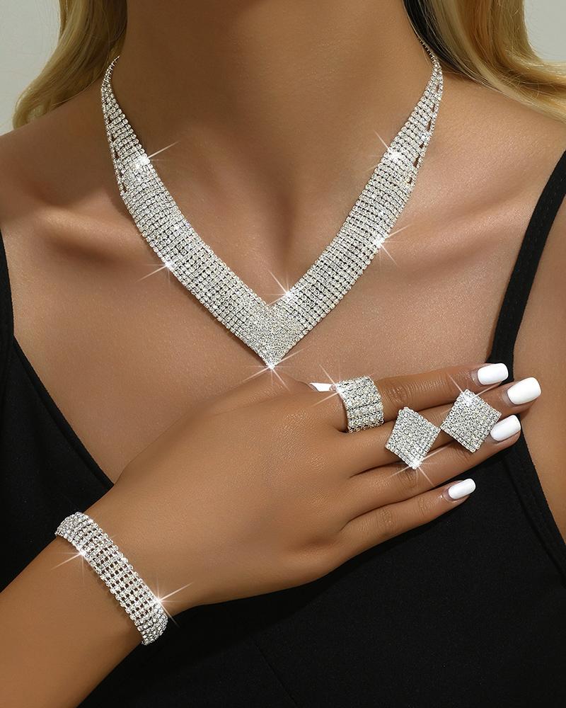 

4PCS Rhinestone Pendant Necklace & Stud Earrings & Ring & Bracelet Wedding Jewelry Set, Silver