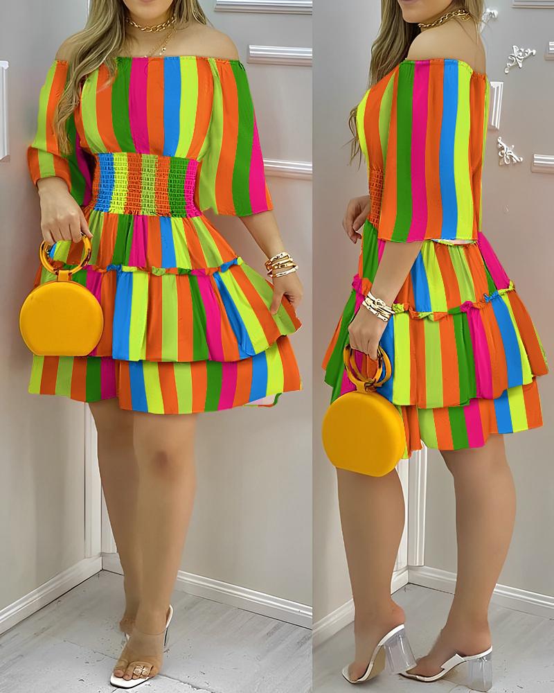 

Rainbow Stripe Print Off Shoulder Ruffles Shirred Dress, Multicolor