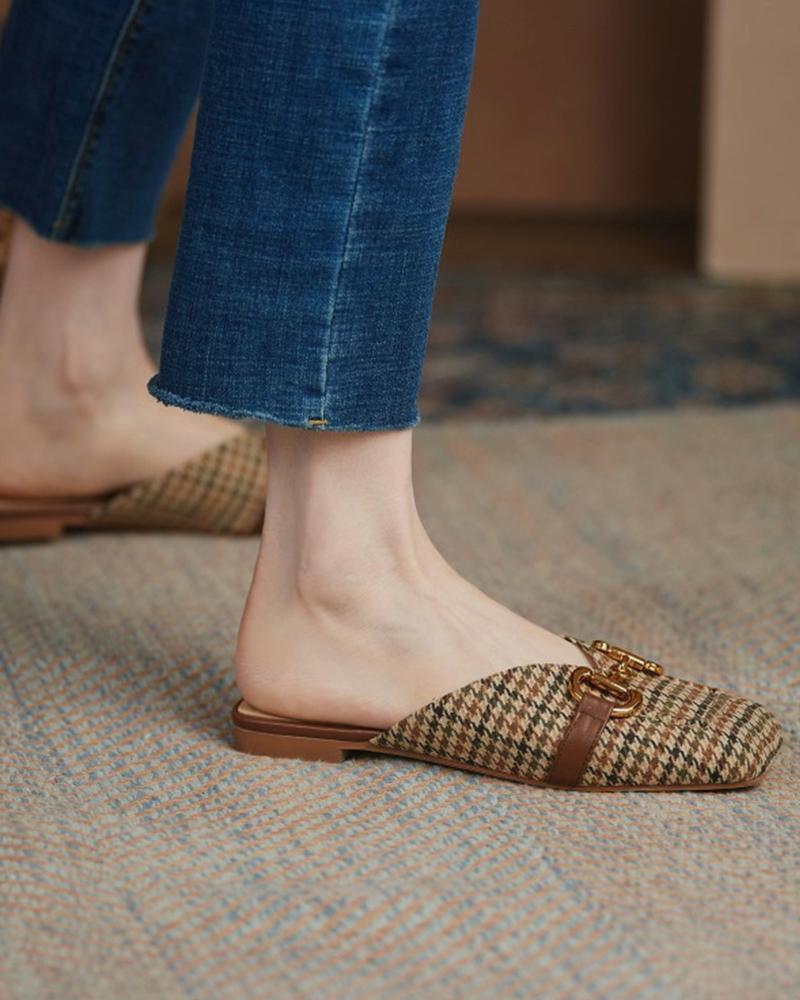 

Houndstooth Square-toe Flat Mule Slip-on Sandals, Brown