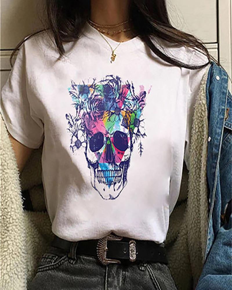 

Halloween Butterfly Floral Skull Print Short Sleeve T-shirt, Style3