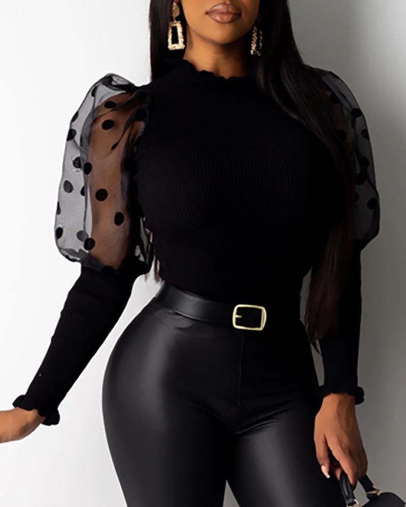 

Mesh Dot Puffed Sleeve Ribbed Blouse, Black