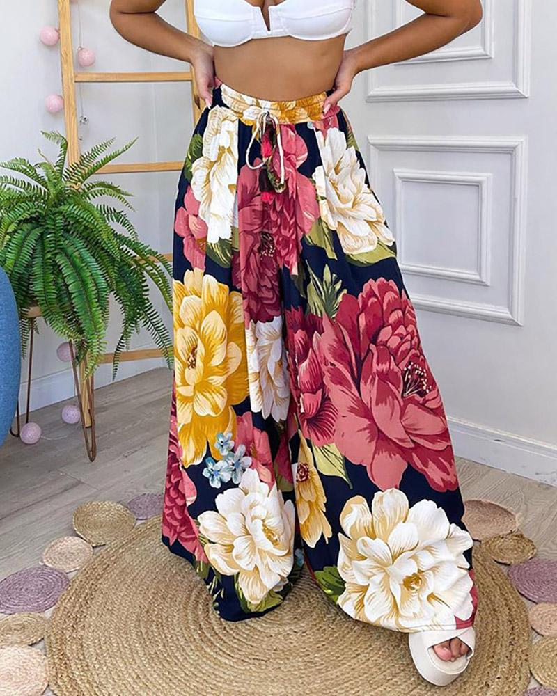 

High Waist Drawstring Floral Print Wide Leg Pants, Dark blue
