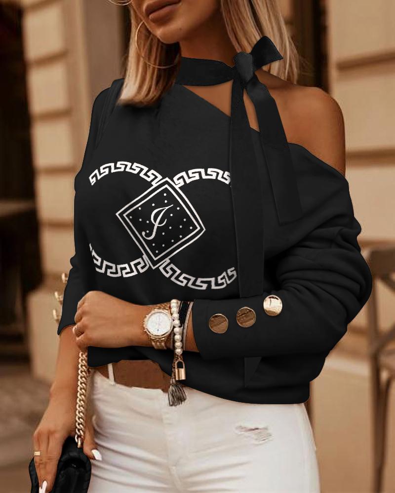 

Geo Graphic Print Cold Shoulder Tied Detail Top, Black