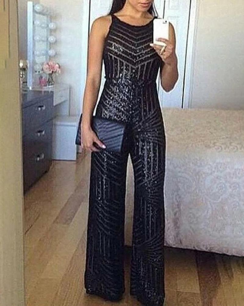 

Glitter Round Neck Sleeveless Sequins Jumpsuit, Black