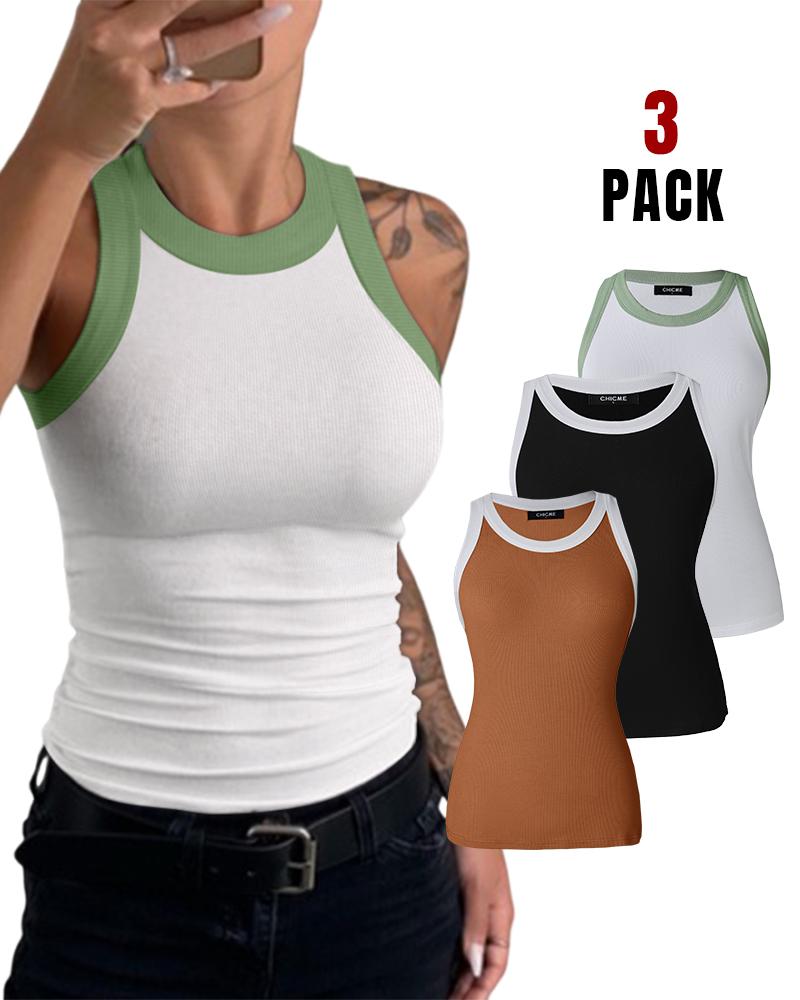 

3-Pack Contrast Binding Basic Slim Knit Ribbed Racerback Tank Top, Style3