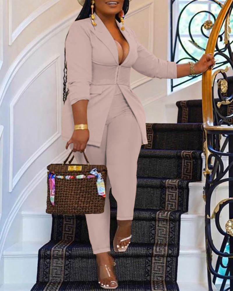 

Plus Size Hook Front High Waist Blazer Set, Apricot