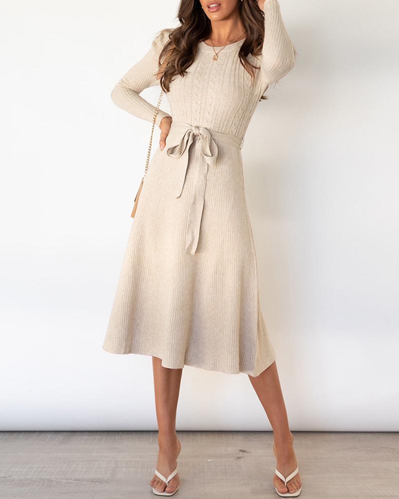 

Puff Sleeve Bowknot Decor Knit Casual Dress, Apricot