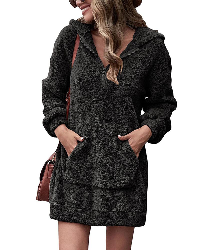 

Fuzzy Pocket Design Hooded Sweatshirt Dress, Black
