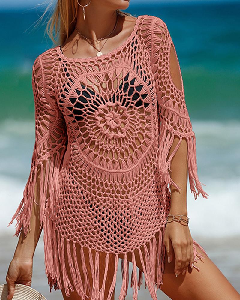 

Tassel Trim Hollow Out Crochet Cover Up, Pink