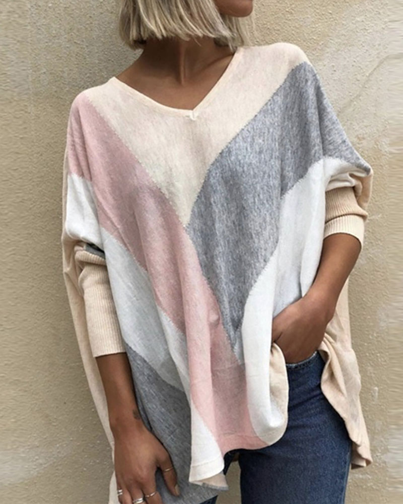 

Colorblock Long Sleeve Casual Top, Apricot