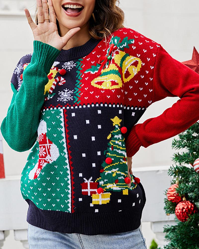 

Christmas Graphic Print Pom Pom Knit Sweater, Blue