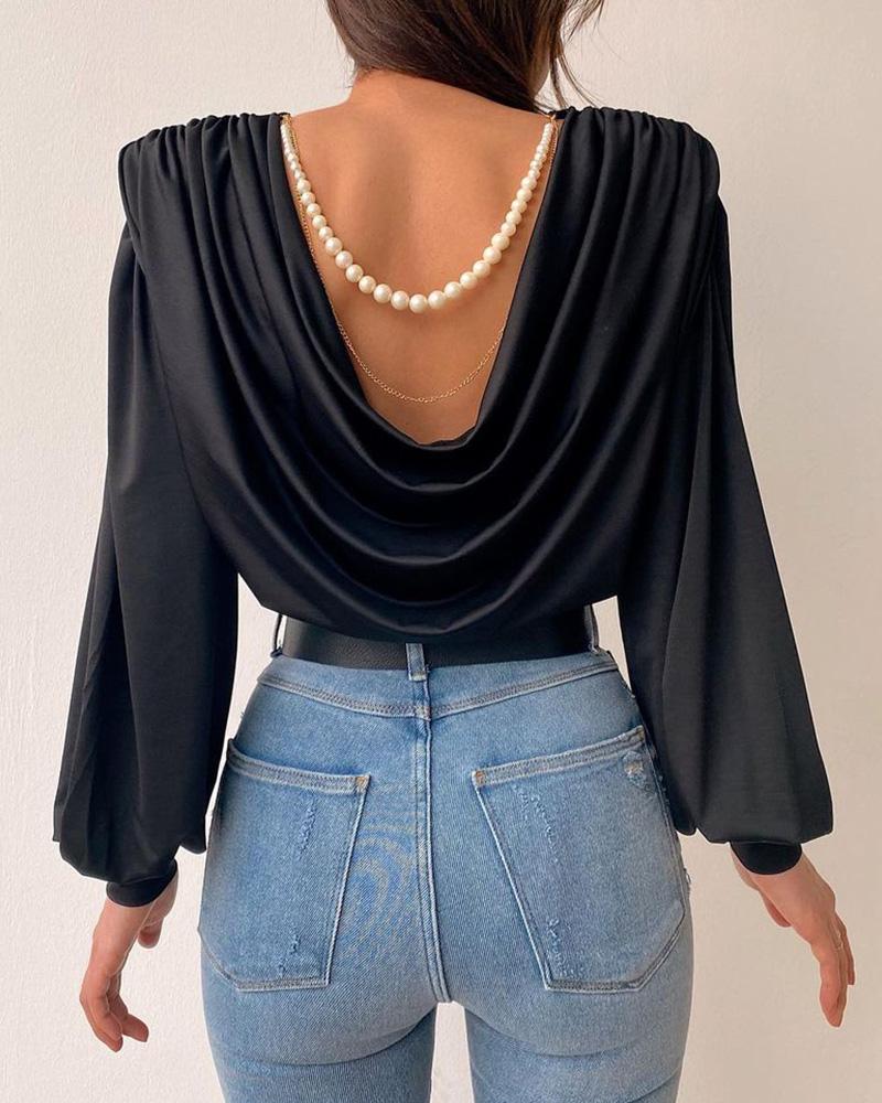 

Cowl Neck Beaded Lantern Sleeve Blouse, Black