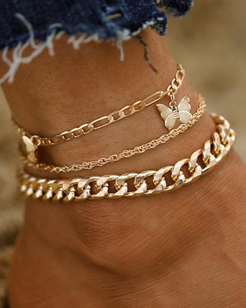 

3pcs Stackable Butterfly Chain Ankles Set, Gold