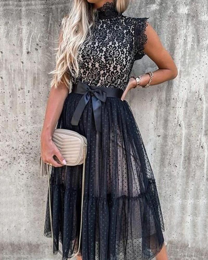 

Crochet Lace High Neck Dot Mesh Casual Dress, Black