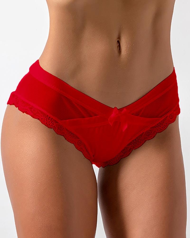 

Bowknot Front Sheer Mesh Lace Trim Mid-Rise Panty, Red