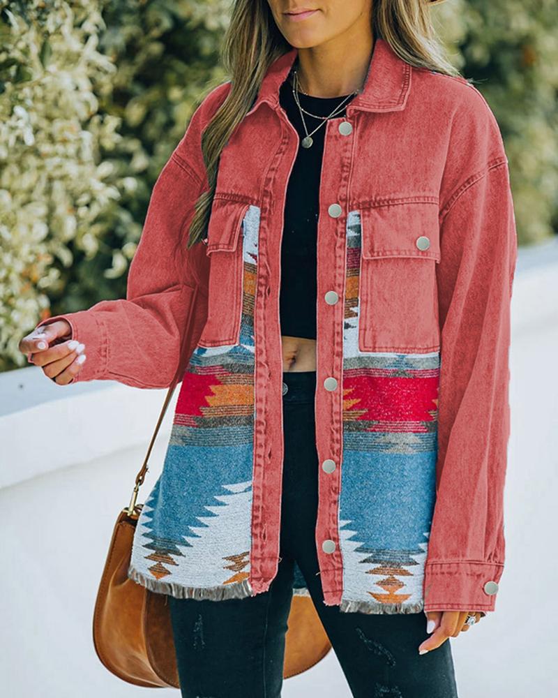 

Aztec Geometric Print Pocket Design Denim Jacket, Hot pink