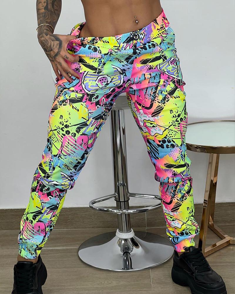 

Graffiti Print Pocket Detail Cuffed Pants, Multicolor