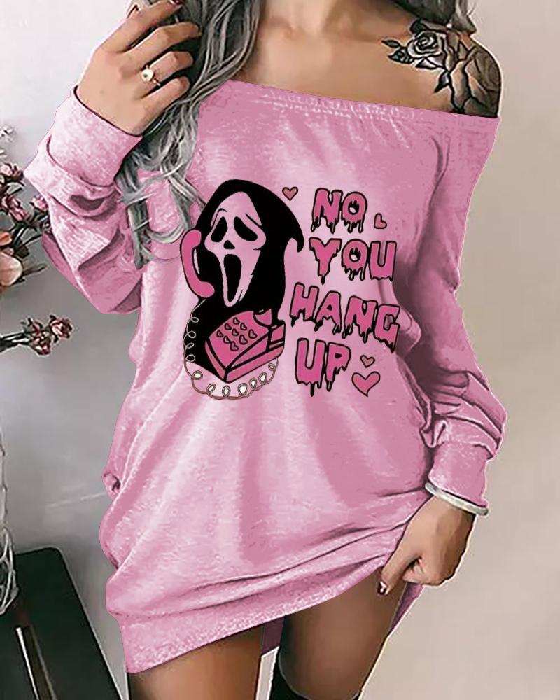 

Halloween Melting No You Hang Up Graphic Print Off Shoulder Dress, Pink