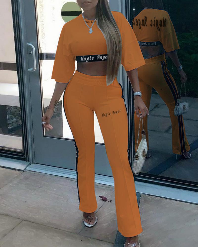 

Letter Print Crop Top & Pants Set, Orange