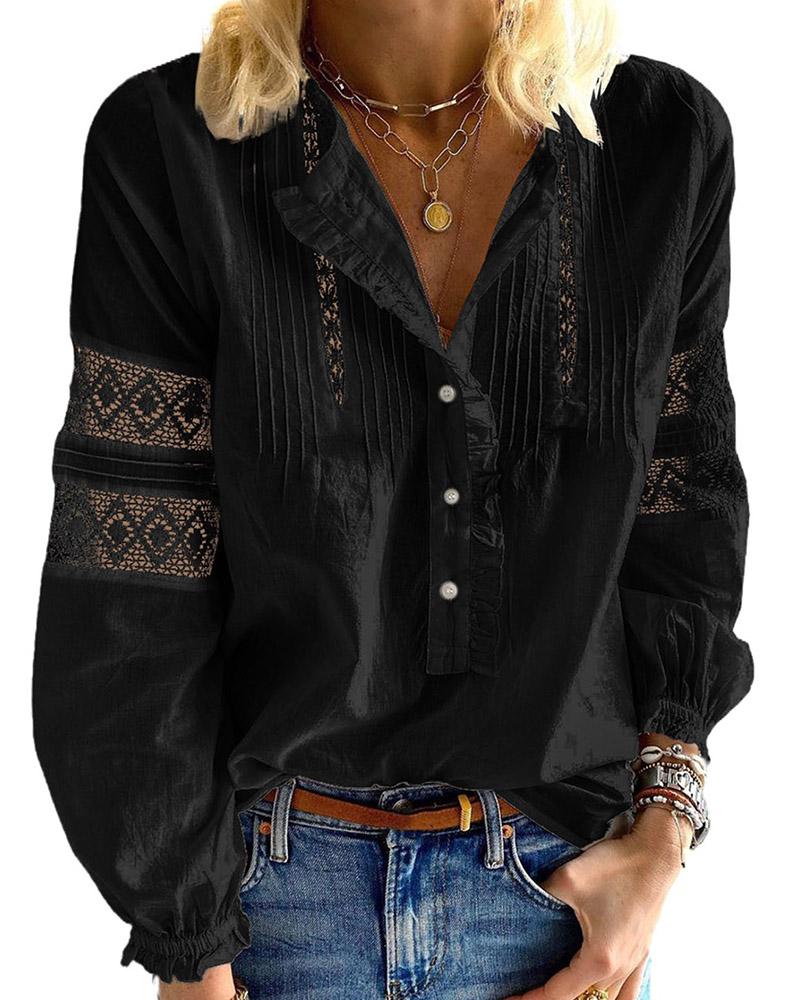 

Crochet Lace Lantern Sleeve Frill Hem Top, Black