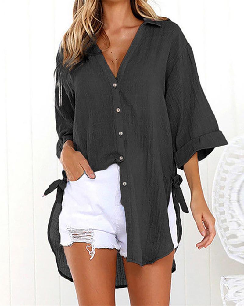 

Tied Detail Buttoned V-Neck Shirt, Dark grey