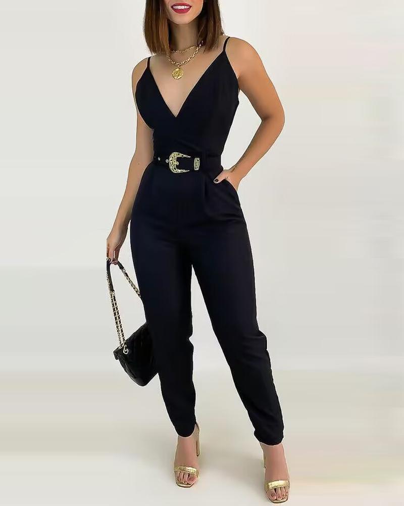 

V-Neck Pocket Detail Cami Jumpsuit With Belt, Black