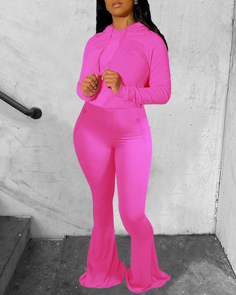 

Hooded Top & High Waist Bootcut Pants Set, Pink