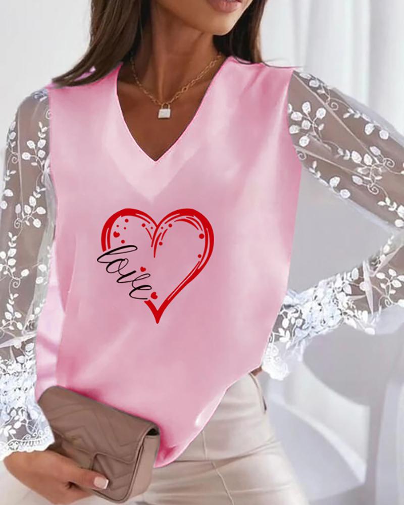 

V-Neck Letter Heart Print Top, Pink