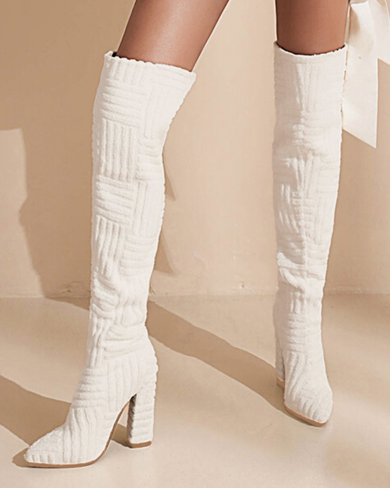

Fuzzy Over The Knee Chunky Boots, White