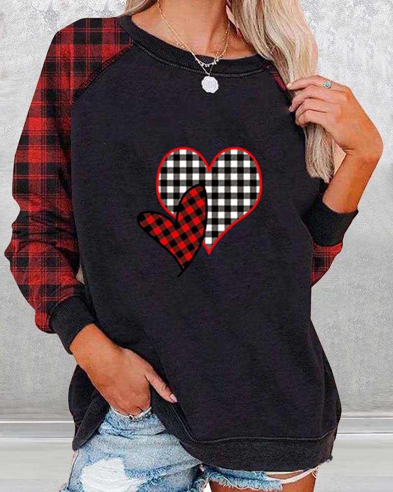 

Heart Print Splicing Plaid Long Sleeve Sweatshirt, Black