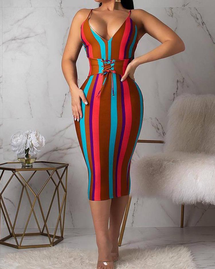 

Multicolored Striped Lace-up Waist Bodycon Dress, Multicolor