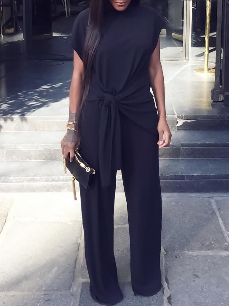 

Solid Batwing Sleeve Ruched Self Belted Jumpsuit, Black