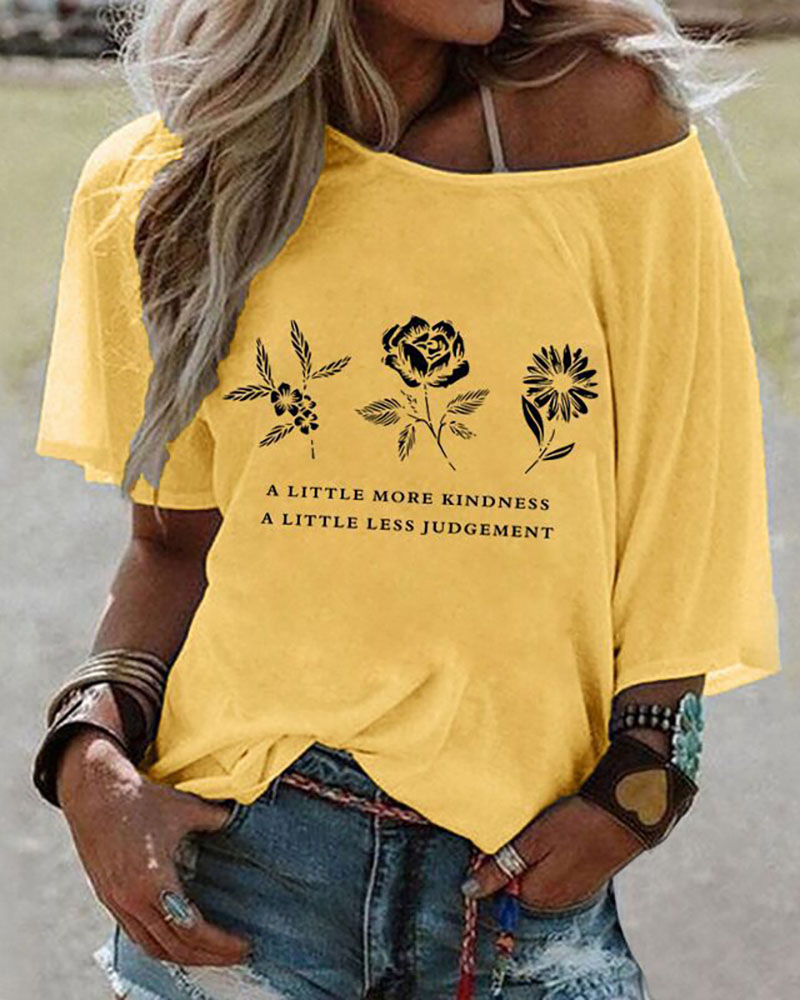 

Floral Letter Print One Shoulder Half Sleeve T-shirt, Yellow