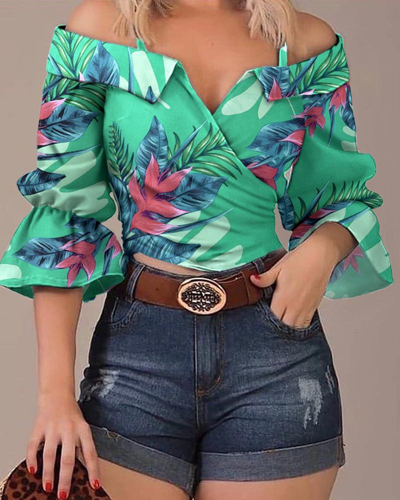 

Tropical Print Cold Shoulder Crop Top, Green