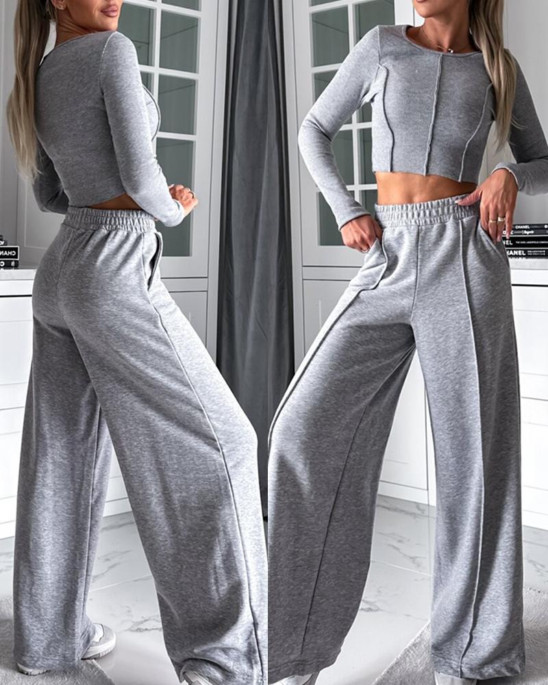 

Round Neck Piping Crop Top & Wide Leg Pants Set, Gray