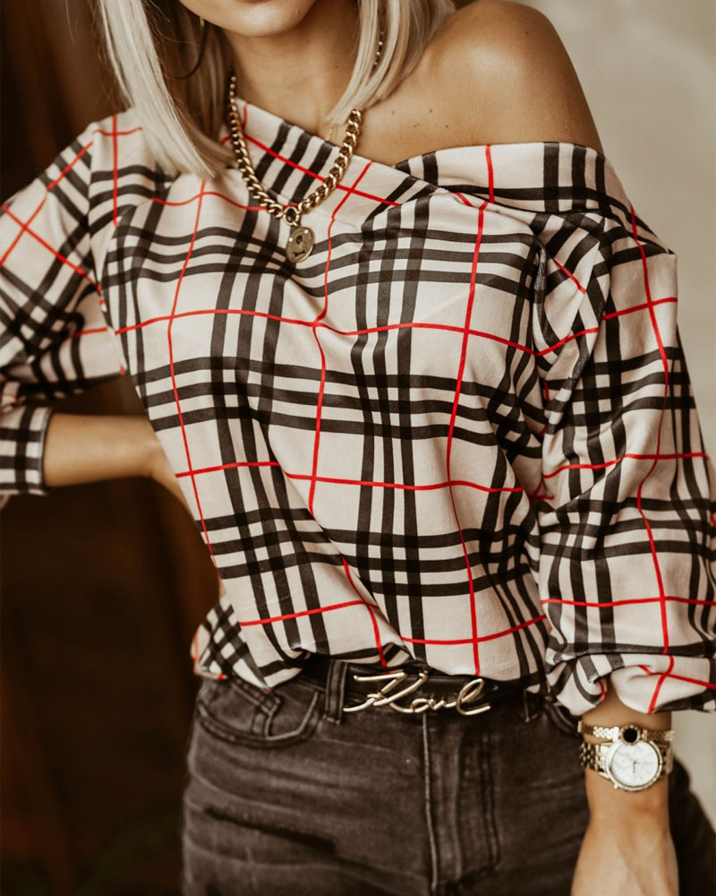 Plaid Print Long Sleeve V-Neck Top