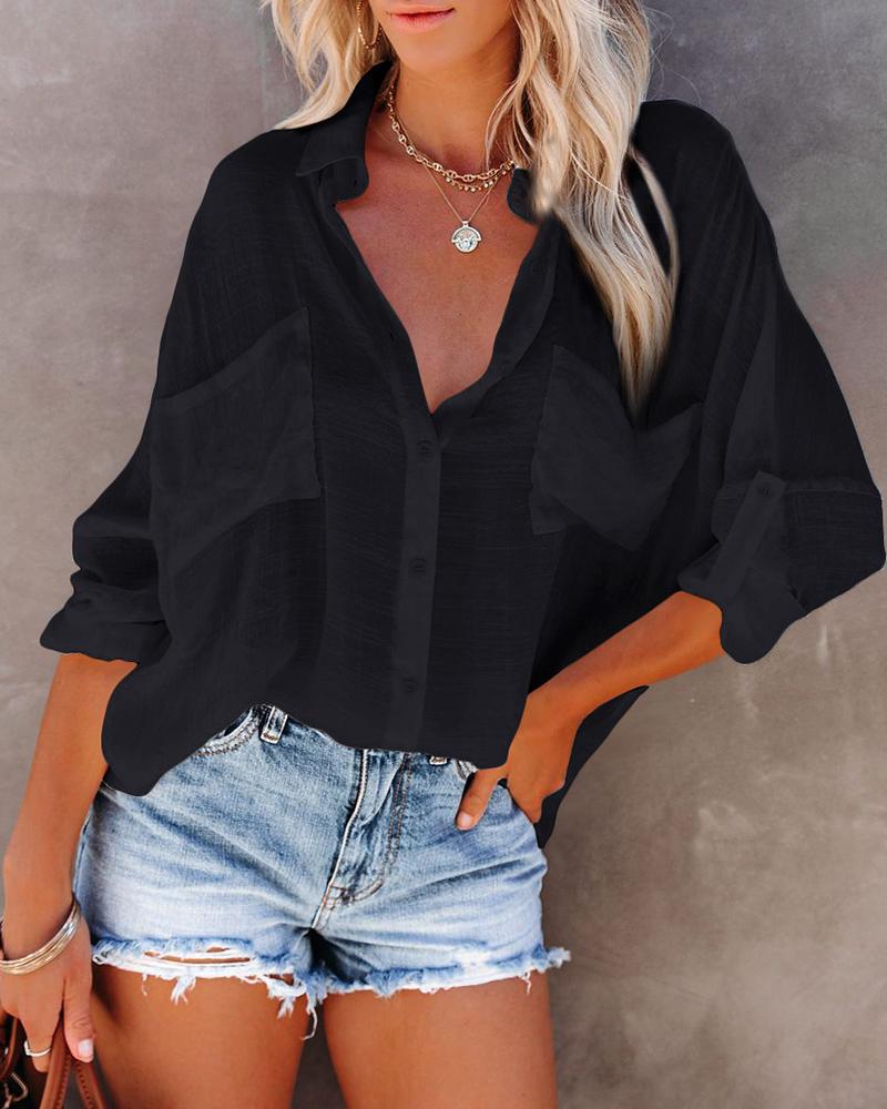 

Pocket Button Design Long Sleeve Cover Up Top, Black
