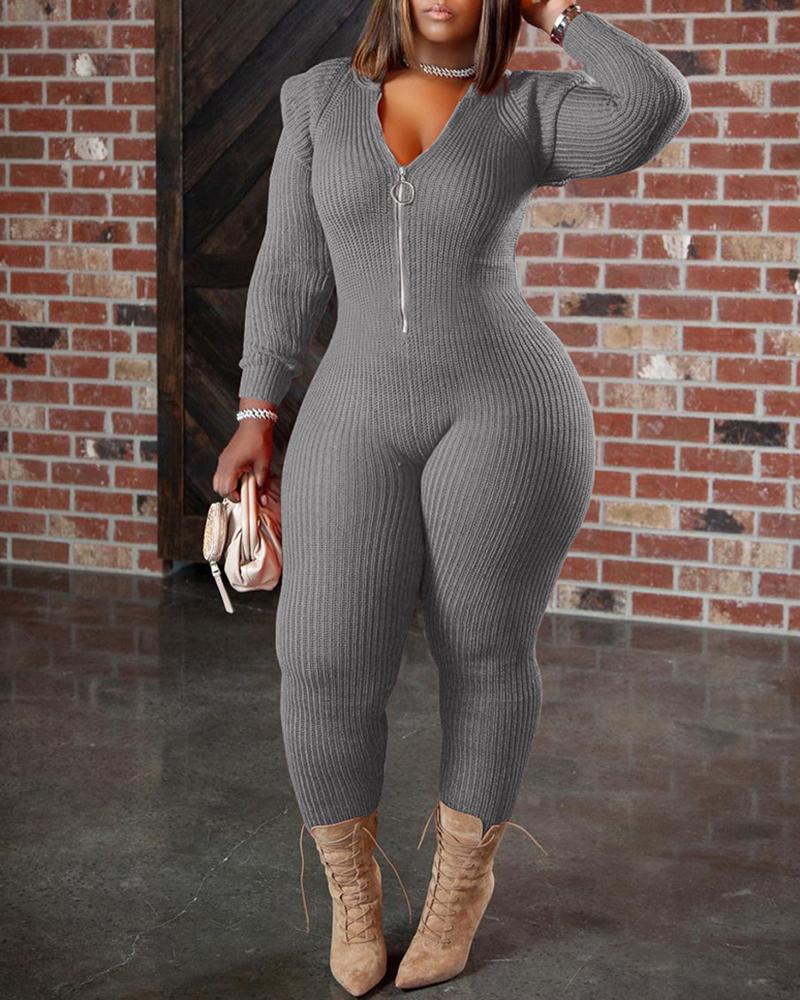 

Padded Shoulder Zipper Design Hooded Knit Jumpsuit, Gray