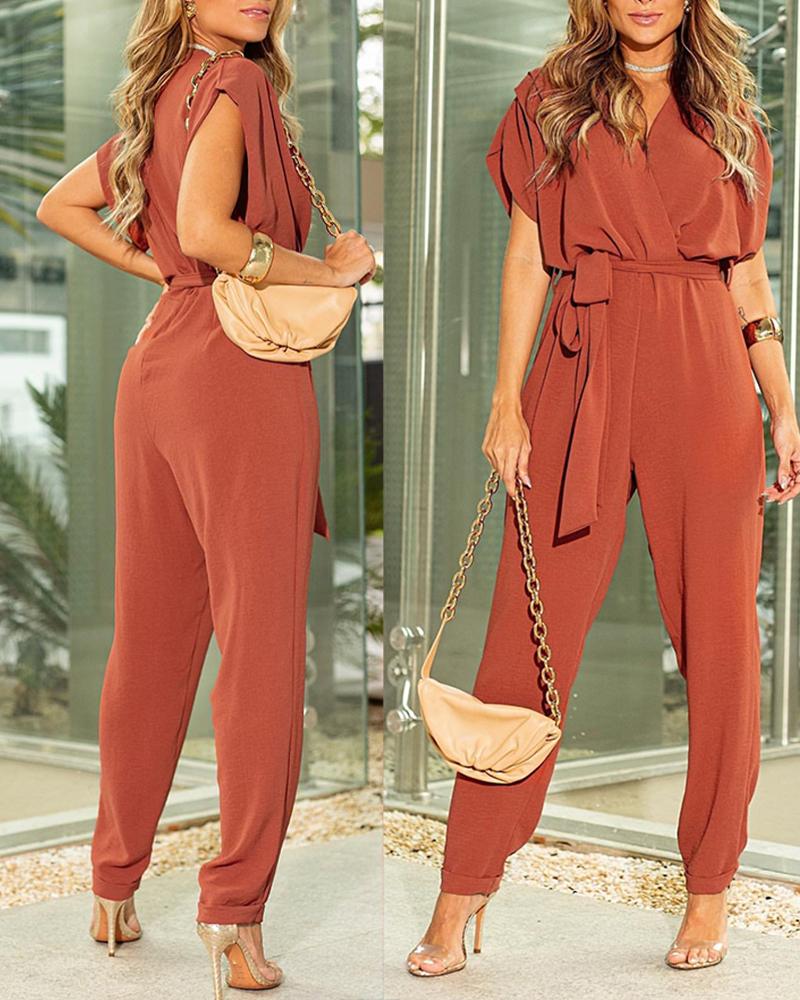 

Batwing Sleeve Surplice Neck Belted Jumpsuit, Orange