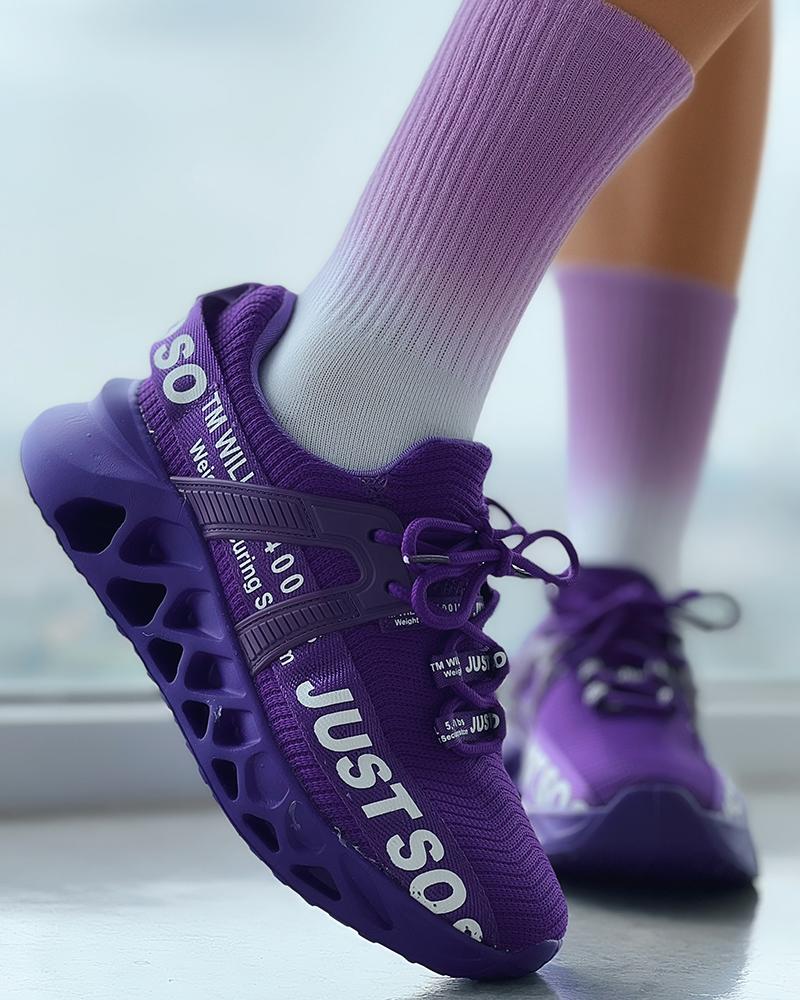 

Letter Pattern Lace-up Knit Sneakers, Purple